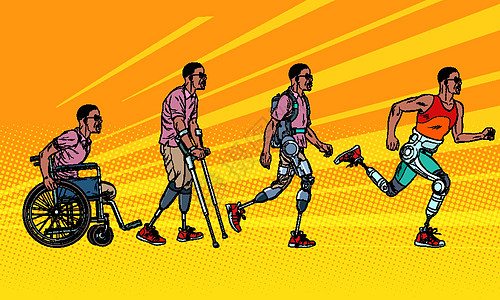 康复的演变 非洲人腿假肢运动员骨骼截肢者截肢人行道假体男人插图保健人士图片
