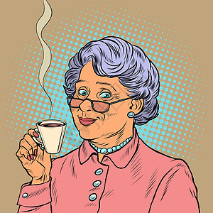 老年妇女饮喝咖啡漫画杯子女士快乐咖啡长老男人艺术退休祖母图片