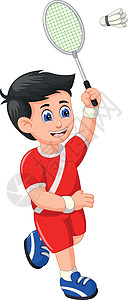 酷羽毛球运动员男孩穿着红色制服与球拍卡通图片