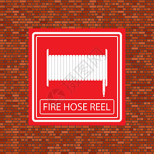橙色砖墙上的消防软管卷盘图标插图情况木板烧伤横幅警告标签部门标语斗争图片