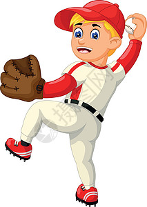 酷棒球投手男孩在红色白色制服与棕色棒球手套卡通图片