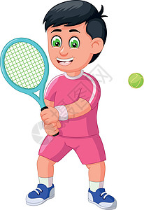 英俊的网球运动员男孩在粉红色制服与蓝色球拍卡通图片