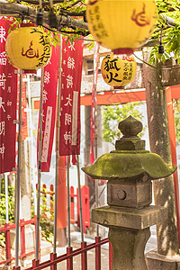 在一个小神户圣堂里 被绿苔的石灯笼罩着狐狸盒子宗教脚步神社稻田苔藓动物雕塑紫檀图片
