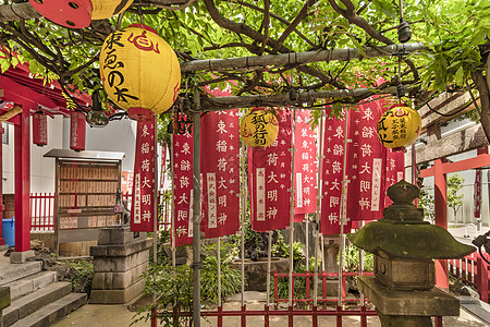 在一个小神户圣堂里 被绿苔的石灯笼罩着神道植物灯笼绳索狐狸下轮叶子动物邻里王子图片