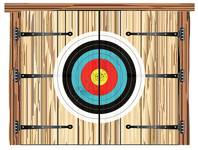 特写的有目标的仓库门艺术木材建筑框架绘画插图靶心农场射箭螺栓图片
