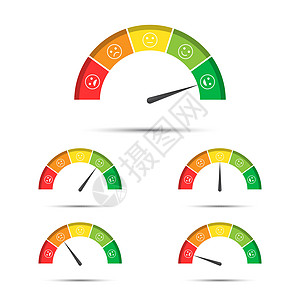评级客户满意度的矢量图示从红色到绿色 带有彩色微笑简单的转速计速度计和指示器 带有在白色背景上隔离的表情符号情感消费者测量进步成图片