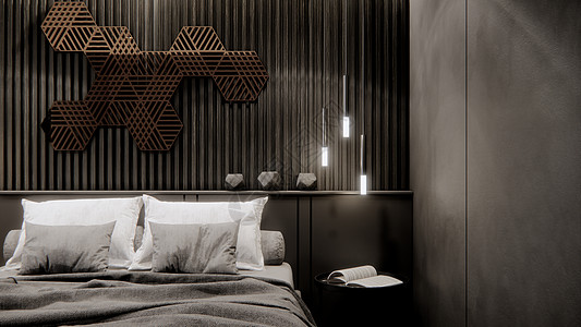 现代黑色 bedroom3D 渲染背景的内部高清图片