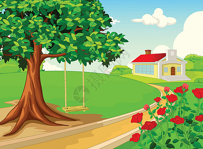 风景草地小山与白宫树木和红色常春藤花卡通图片
