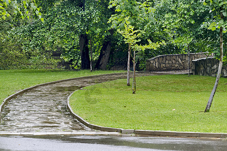 在Dupnitsa镇附近的里拉公园下雨后 在比斯特里察河上一条行人道路上的石桥背景图片