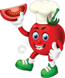 有趣的红番茄戴白色厨师帽和绿色鞋子卡通用大拇指举起手和微笑图片