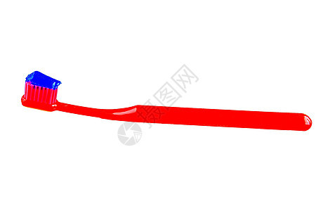 在白色背景隔绝的红色牙刷的蓝色牙膏 牙科保健概念图片