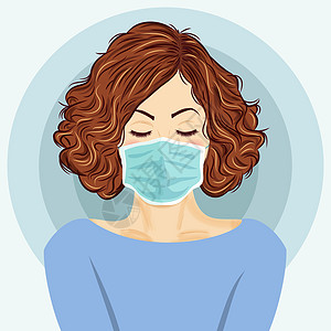 口罩特写戴着医用口罩的年轻女子 冠状病毒病Covid19  V流感发烧面具女士医疗疾病症状感染插画