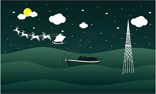 圣诞老人的车辆正驶过船帆天空雪橇房子古董剪贴驾驶插图蓝色绘画运输图片
