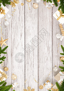 新年装饰边框和木桌背景传单木头坡度桌子丝带派对礼物盒礼物床单纸屑图片