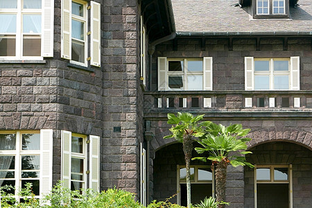 城堡式的民宅 窗户和前院建筑学村庄花园城堡建筑粉色植物公园石头风景图片