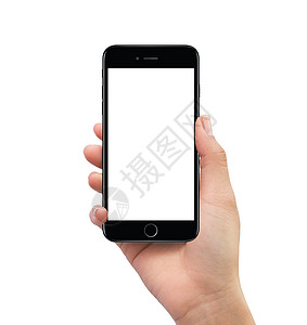 持有黑色移动智能手机模型的孤立人手空白电话技术手指展示演示屏幕小样商业推介会图片