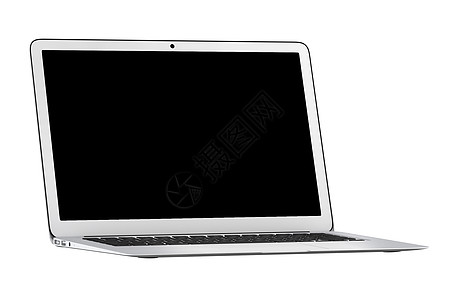 白色背景的孤立银色笔记本电脑黑屏工具工作键盘展示黑色小样屏幕视网膜图片