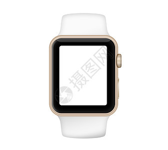 孤立的黄金 铝箱智能手表金子屏幕运动带子展示白色按钮乐队支付小样背景图片