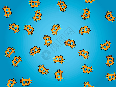浅蓝色渐变背景 橙色比特币符号四处飞舞 带有 BTC 标志的加密货币壁纸图片