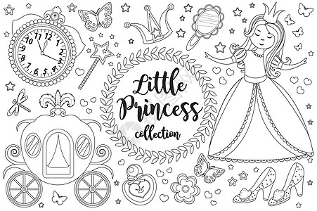 可爱的小公主灰姑娘为孩子们设置了着色书页 设计元素草图轮廓样式的集合 孩子们婴儿剪贴画有趣的微笑套件 它制作图案矢量设计图片