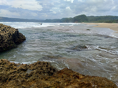 与岩石 波浪和蓝天的海滩 印度尼西亚东爪哇图隆阿贡美丽的 Sanggar 海滩墙纸海景蓝色荒野支撑海洋海岸线石头环境海岸图片