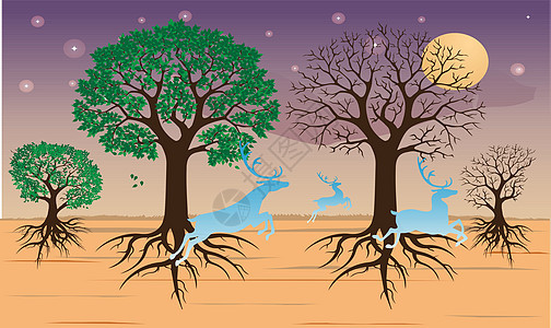 沙漠中的绿色和干燥的树叶树地形绘画干旱插图材料场景木头季节叶子旅行图片