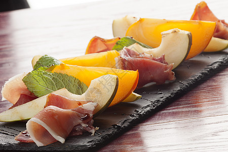 帕尔马火美食沙拉食物自助餐橙子火腿薄荷猪肉熏制水果图片