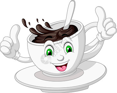 有趣的一杯白咖啡用勺子和拇指向上的手卡通插画