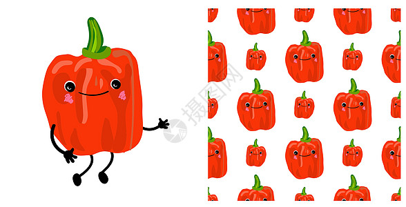 辣椒保加利亚蔬菜字符可爱 无缝蔬菜图案与甜椒 儿童矢量图 辣椒图片