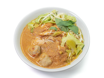 泰国大米面和白碗上的鱼球汤午餐餐厅米粉蔬菜盘子白色绿色食物烹饪鱼丸图片