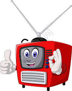 信号接收器图片老红场电视与天线和大拇指手卡通插画