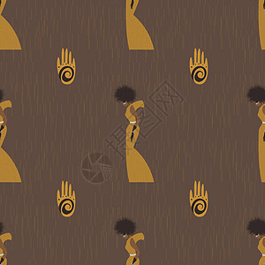 非洲时尚无缝图案 一位卷发女性身穿黄色长裙 黑色圆点和汉字的抽象剪影图片