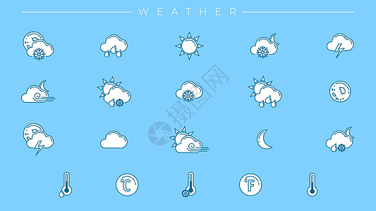 天气概念线样式矢量图标 se雷雨气象温度计预报下雨降雪雨滴太阳沉淀信息图片
