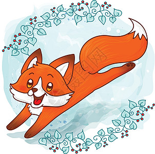 冬季水彩背景上可爱的小狐狸喜悦夹子林地苗圃荒野森林婴儿快乐童年绘画图片