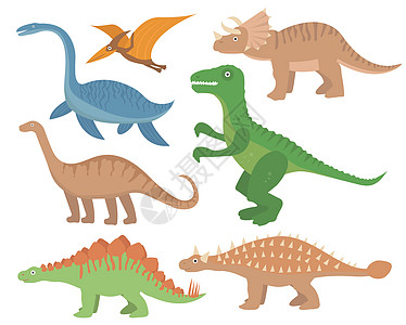 恐龙平面图标集 卡通风格 与翼龙 剑龙 三角龙 异特龙 霸王龙 雷龙 雷龙 甲龙 蛇颈龙的对象的集合图片