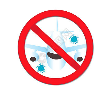 停止冠状病毒 红色禁令标志飞机 因病毒取消航班 孤立在白色背景上 插图图片