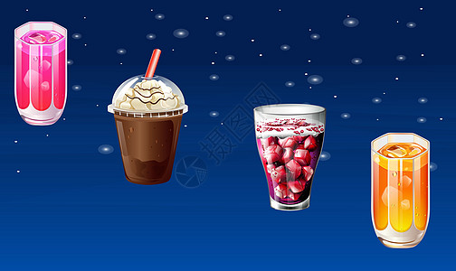阿尔卑斯冰咖啡抽象星星背景上的不同类型的饮料茶点长笛顺口溜酒杯牛奶婚礼周年玻璃食物杯子设计图片