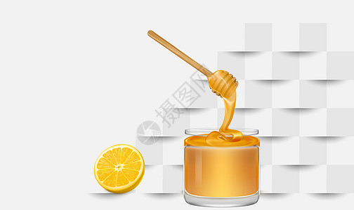 柠檬蜂蜜在一个罐子 在纸切纸背景上框架核桃木头甜点食物用具玻璃产品梳子蜂蜜图片
