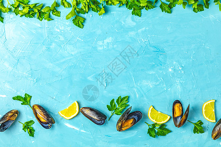 含柠檬和面的海食贝壳食谱贻贝美食食物蓝色午餐营养猕猴桃熟食石头图片