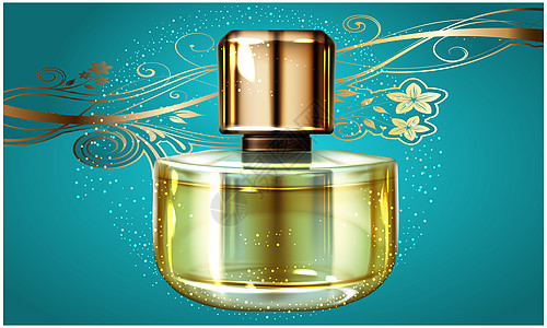 在抽象背景上模拟女性香水的插图液体包装小样女士瓶子静物皮肤金子广告3d图片