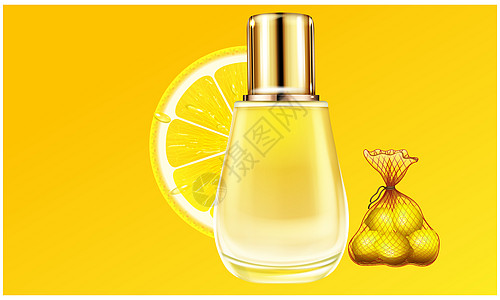 由柠檬提取物制成的小玻璃瓶香水的模拟插图化妆品小样糖浆标签水果果汁液体叶子食物热带图片