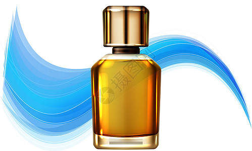 在抽象背景上模拟男性香水的插图健康玻璃瓶产品美学小样瓶子化妆品广告液体蓝色图片