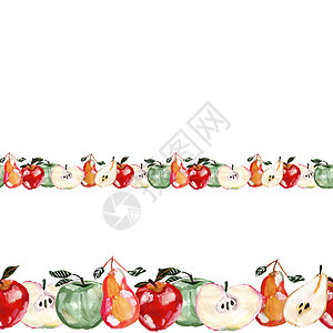 在白色背景上用手绘苹果和梨重复水平边框设计图片