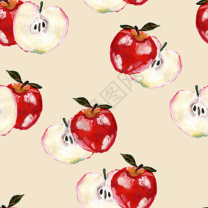 手绘无缝图案与红苹果和苹果片图片