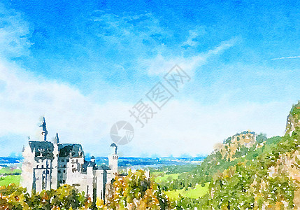 阿尔卑斯山水彩艺术版画城堡帆布建筑学笔触童话墙壁奢华场景旅行装饰插图图片