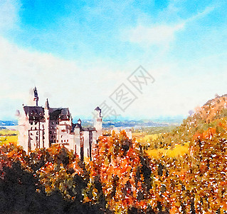阿尔卑斯山水彩艺术版画城堡打印奢华山脉场景插图装饰刷子艺术家童话高山图片