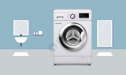 洗手间看电子洗衣机的模拟插图在浴室观看金属电子白色窗户家电垫圈家务电气小样衣服图片