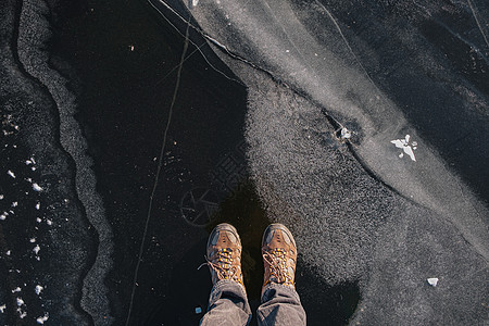 站在薄冰上 顶层风景寒冷快照登山鞋蓝色清冰风险裂缝看法危险晴天图片