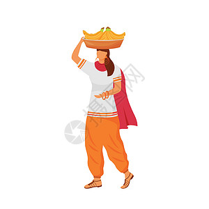 印度妇女与香蕉平面颜色矢量不露面的角色 女孩背着篮子在与异国情调的水果孤立的卡通插图网页图形设计和动画图片