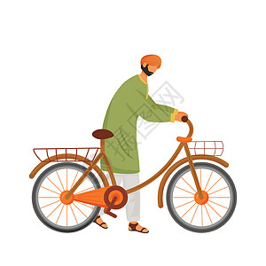 带有自行车平面颜色矢量不露面字符的印度男性 与 bikeman 与环保车辆隔离卡通插图网页图形设计和动画图片